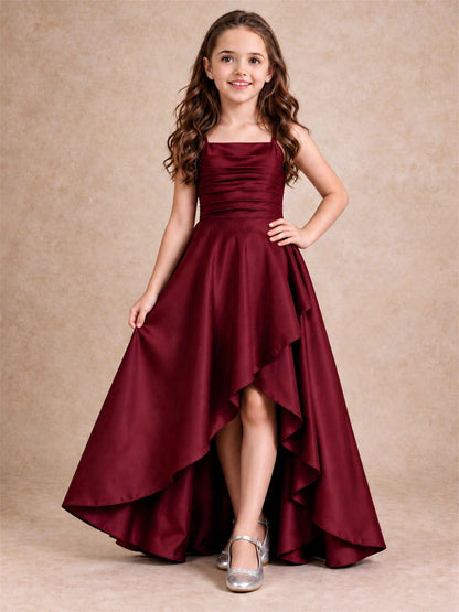 Satin Junior Bridesmaid Dress Spaghetti Strap Criss Cross Back High Low Wedding Gown