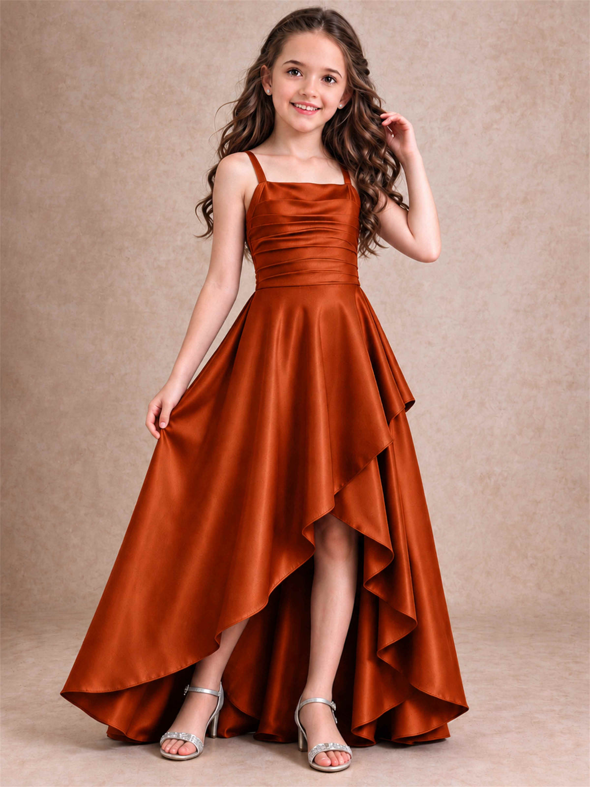 Satin Junior Bridesmaid Dress Spaghetti Strap Criss Cross Back High Low Wedding Gown