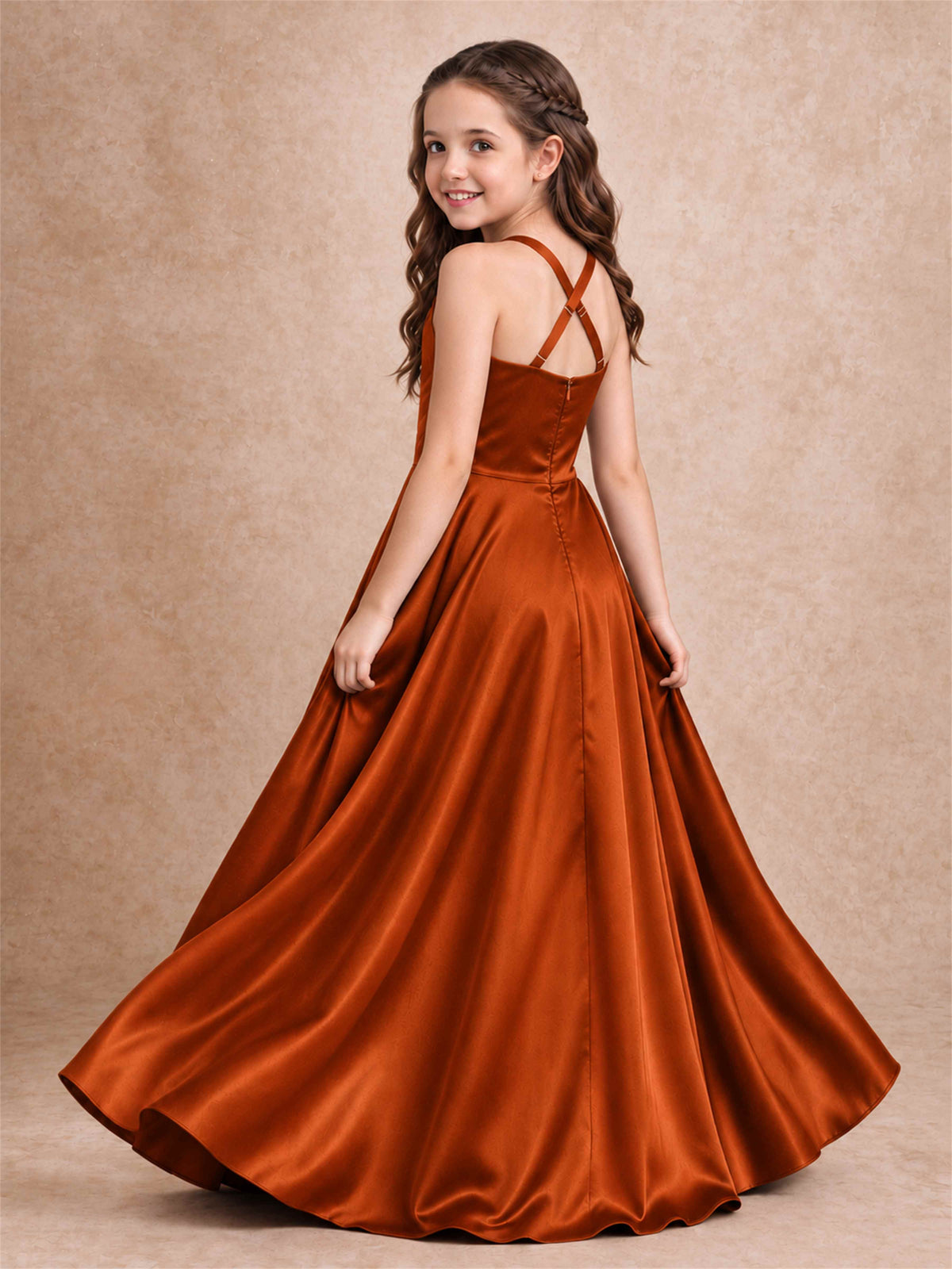 Satin Junior Bridesmaid Dress Spaghetti Strap Criss Cross Back High Low Wedding Gown