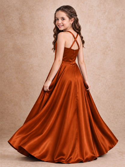 Satin Junior Bridesmaid Dress Spaghetti Strap Criss Cross Back High Low Wedding Gown