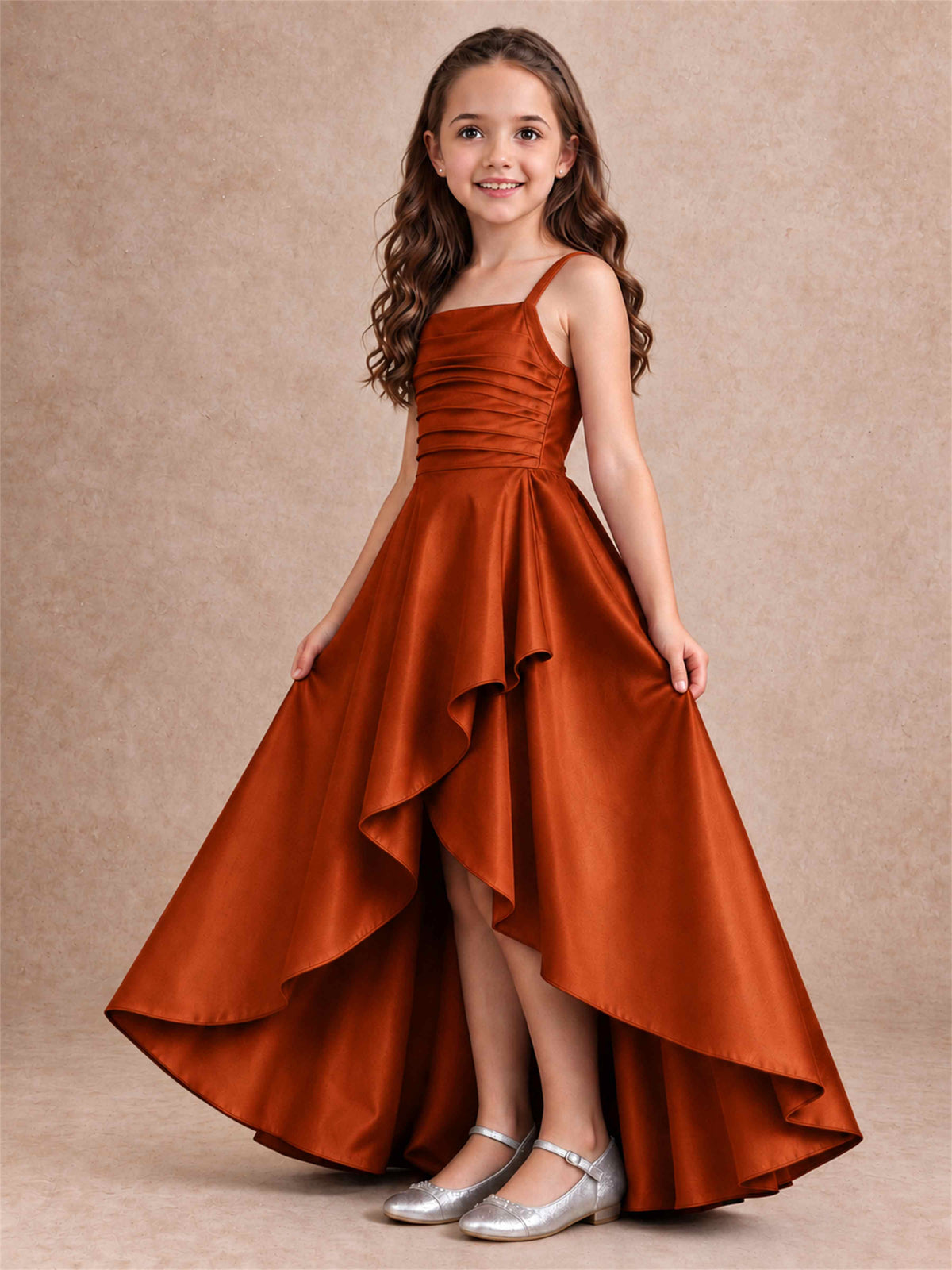 Satin Junior Bridesmaid Dress Spaghetti Strap Criss Cross Back High Low Wedding Gown