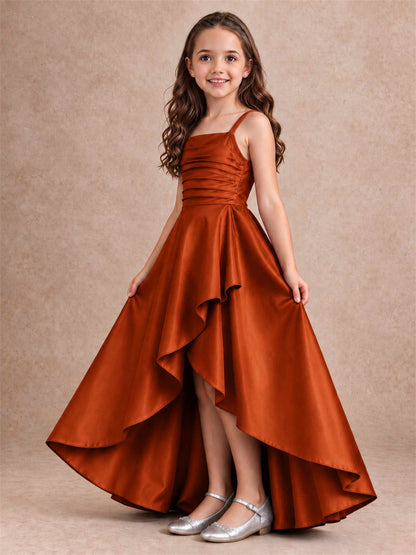 Satin Junior Bridesmaid Dress Spaghetti Strap Criss Cross Back High Low Wedding Gown