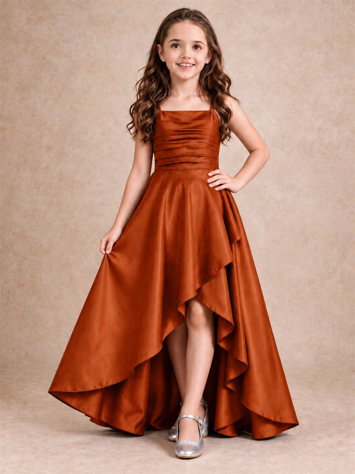 Satin Junior Bridesmaid Dress Spaghetti Strap Criss Cross Back High Low Wedding Gown