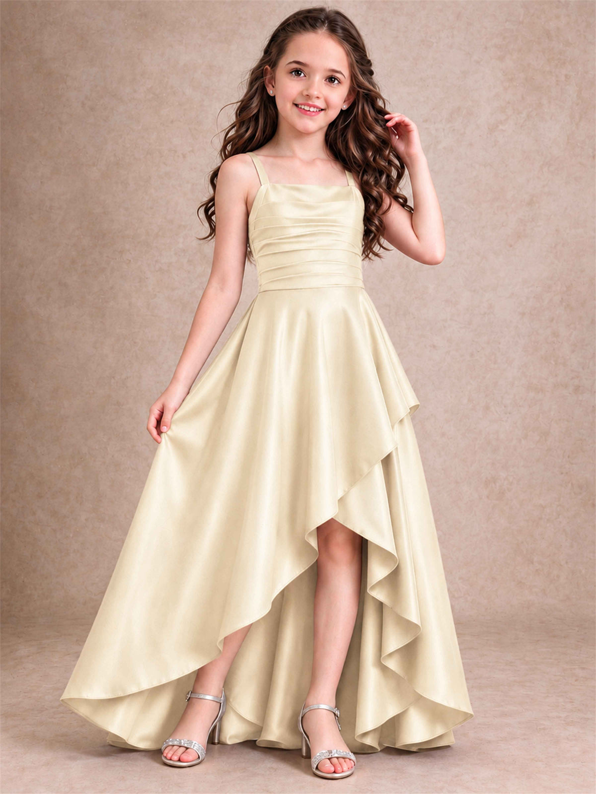 Satin Junior Bridesmaid Dress Spaghetti Strap Criss Cross Back High Low Wedding Gown
