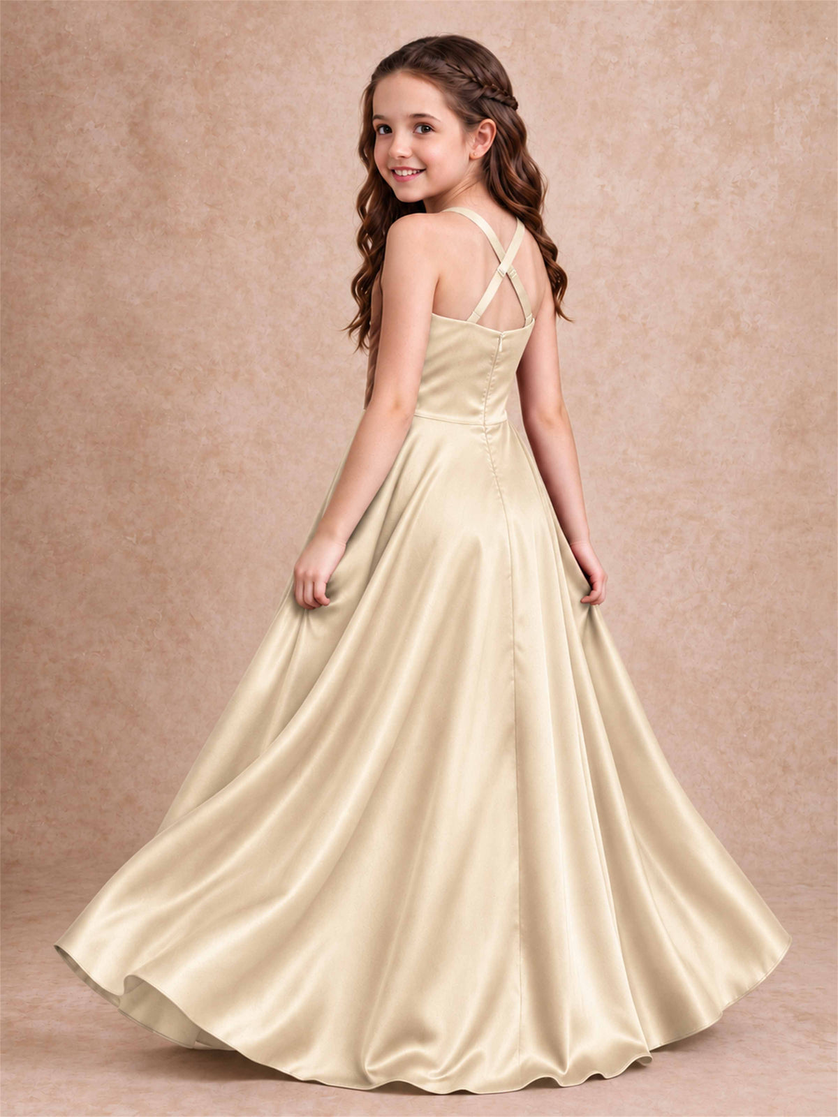 Satin Junior Bridesmaid Dress Spaghetti Strap Criss Cross Back High Low Wedding Gown