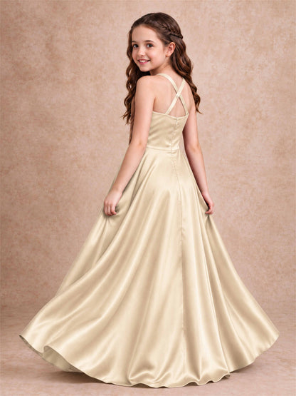 Satin Junior Bridesmaid Dress Spaghetti Strap Criss Cross Back High Low Wedding Gown