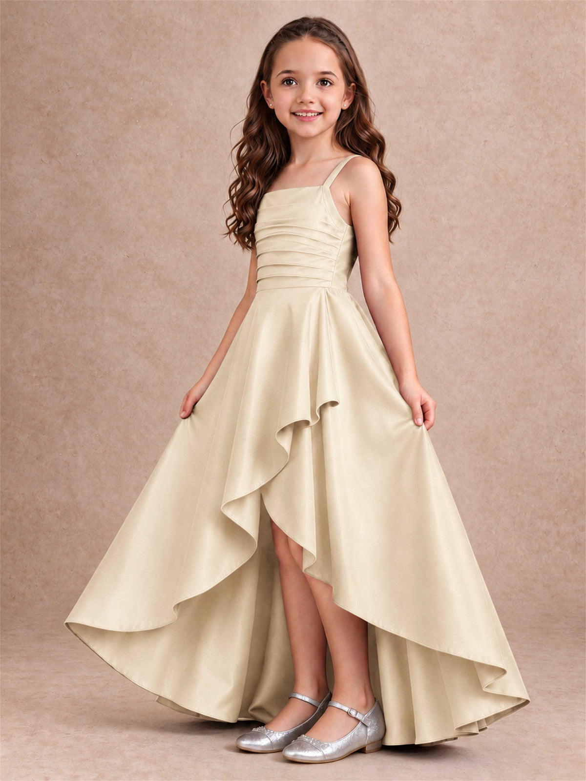 Satin Junior Bridesmaid Dress Spaghetti Strap Criss Cross Back High Low Wedding Gown