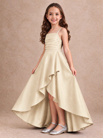 Satin Junior Bridesmaid Dress Spaghetti Strap Criss Cross Back High Low Wedding Gown