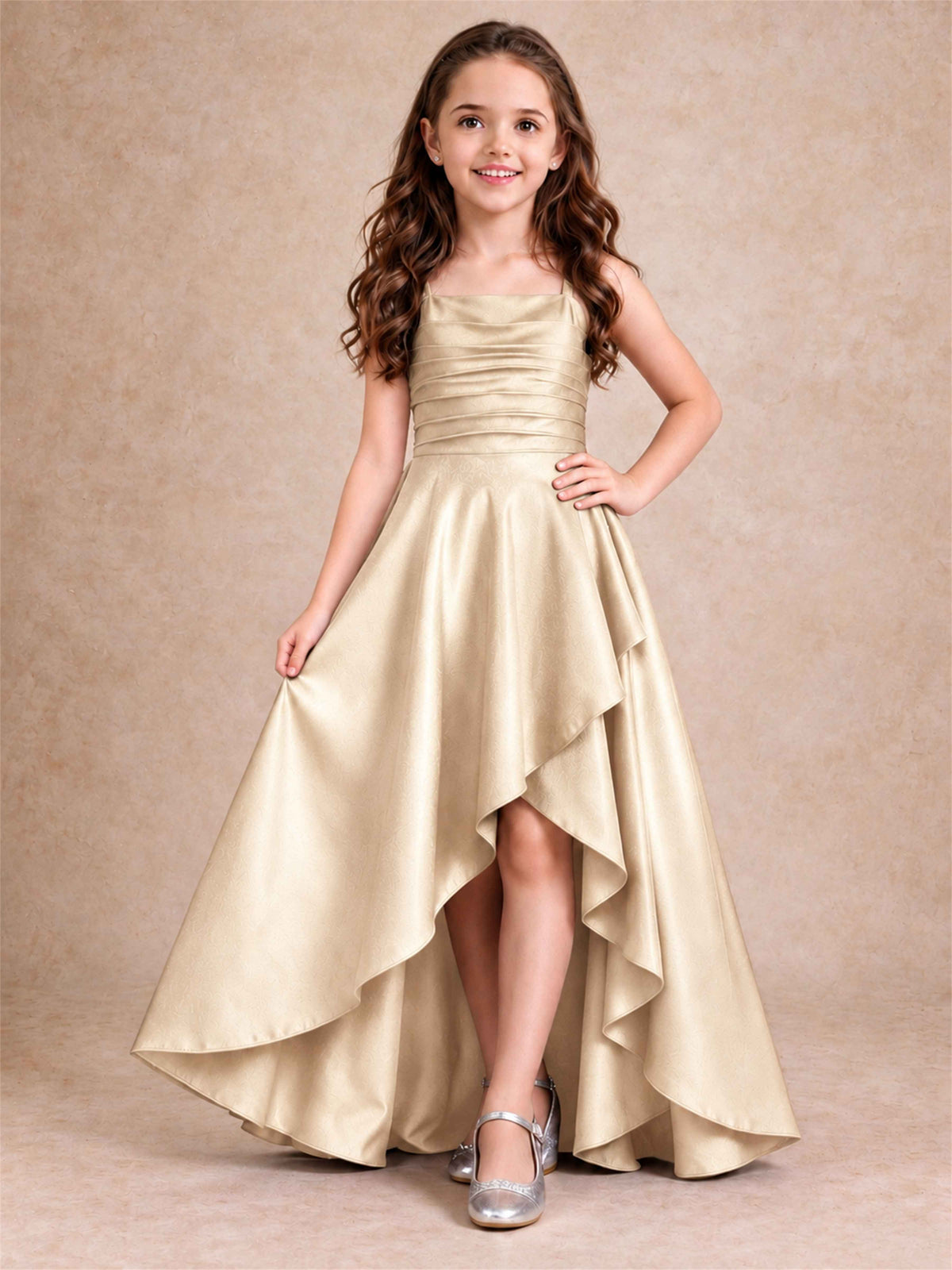 Satin Junior Bridesmaid Dress Spaghetti Strap Criss Cross Back High Low Wedding Gown