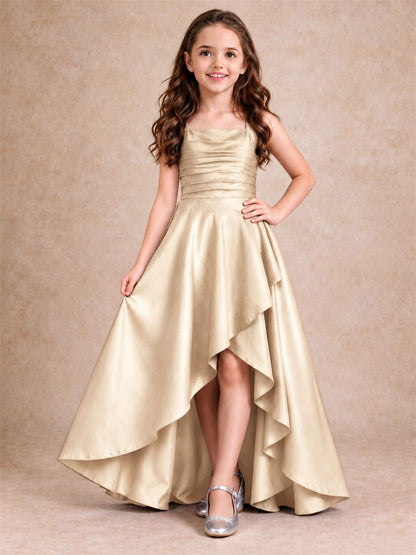 Satin Junior Bridesmaid Dress Spaghetti Strap Criss Cross Back High Low Wedding Gown
