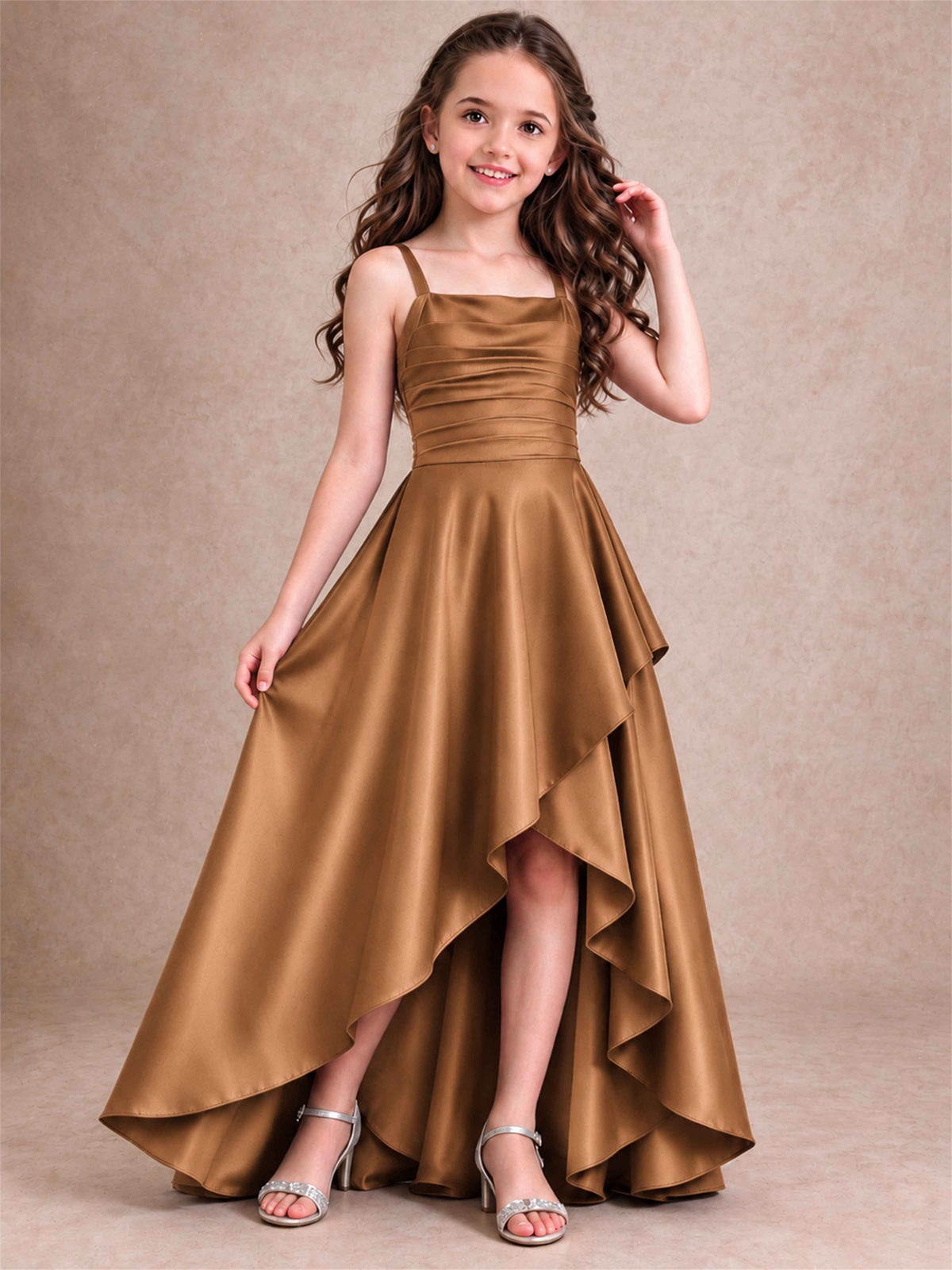 Satin Junior Bridesmaid Dress Spaghetti Strap Criss Cross Back High Low Wedding Gown