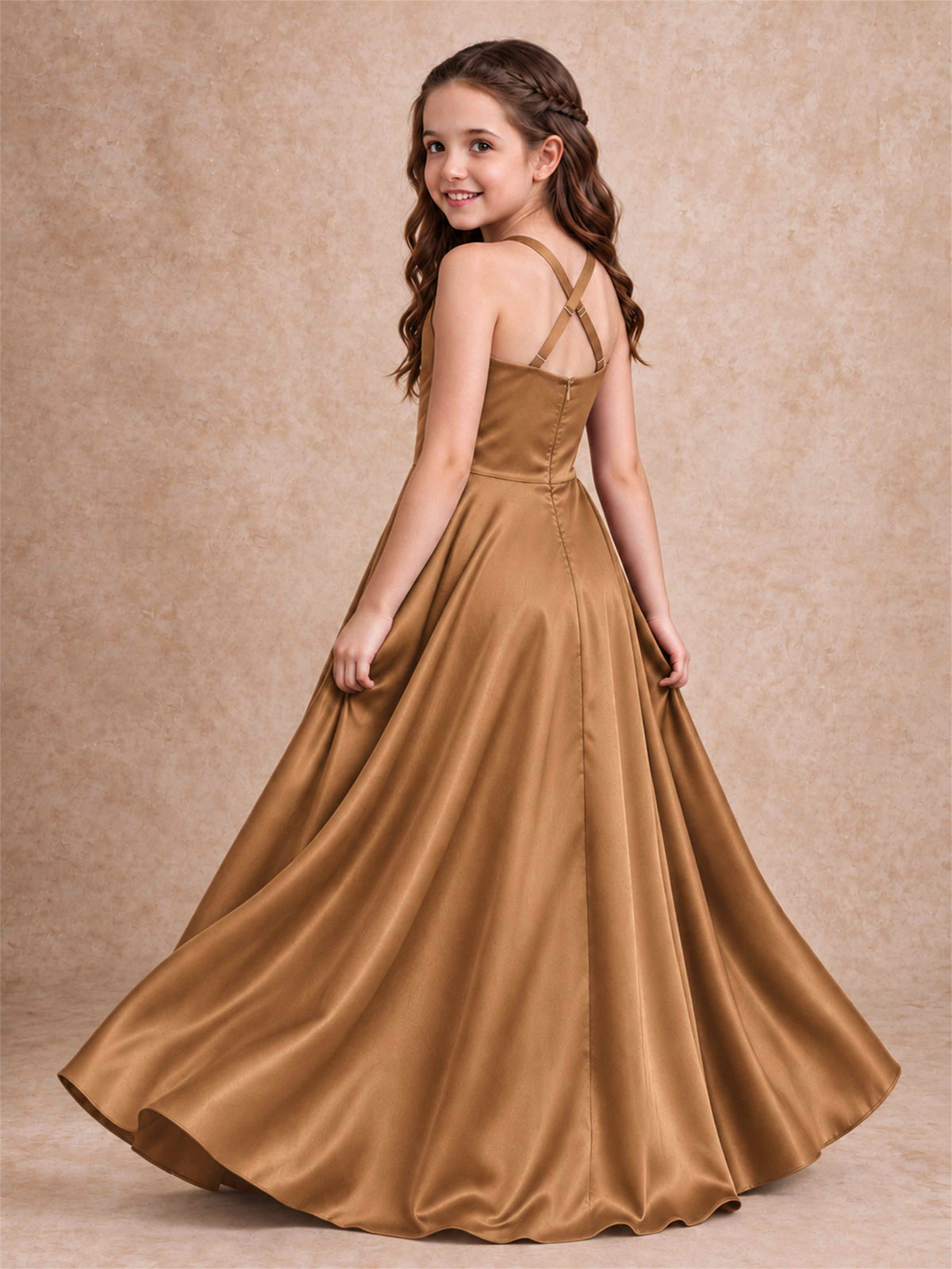 Satin Junior Bridesmaid Dress Spaghetti Strap Criss Cross Back High Low Wedding Gown