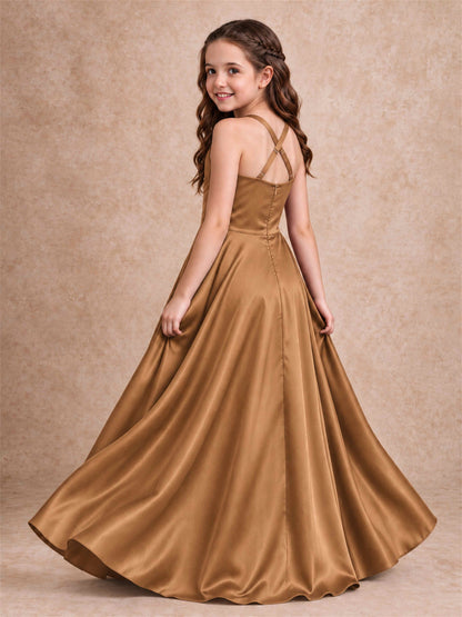 Satin Junior Bridesmaid Dress Spaghetti Strap Criss Cross Back High Low Wedding Gown