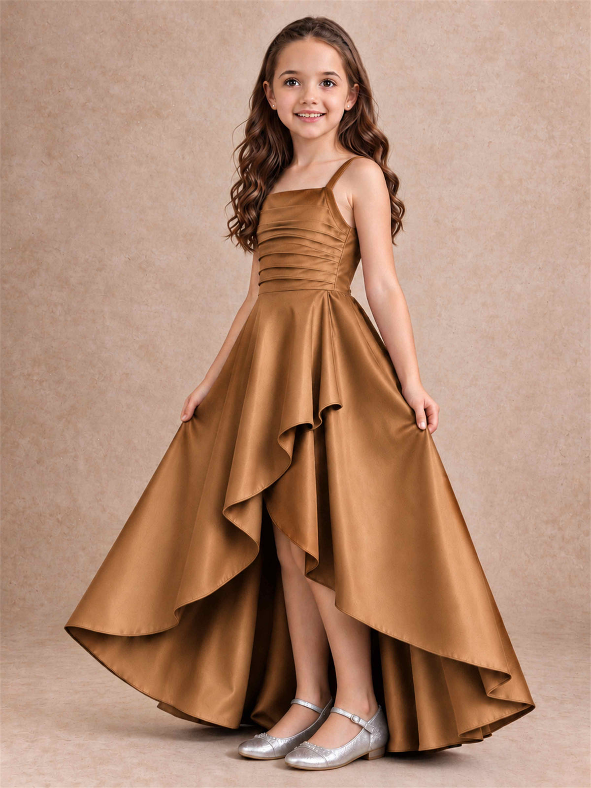 Satin Junior Bridesmaid Dress Spaghetti Strap Criss Cross Back High Low Wedding Gown