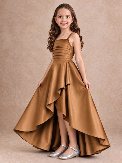 Satin Junior Bridesmaid Dress Spaghetti Strap Criss Cross Back High Low Wedding Gown