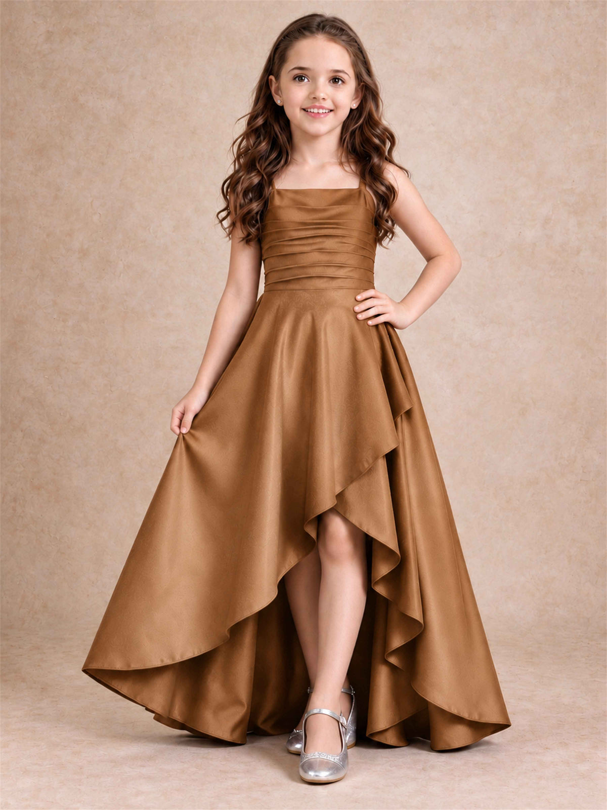 Satin Junior Bridesmaid Dress Spaghetti Strap Criss Cross Back High Low Wedding Gown