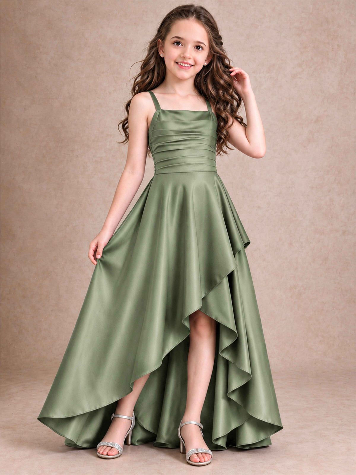 Satin Junior Bridesmaid Dress Spaghetti Strap Criss Cross Back High Low Wedding Gown