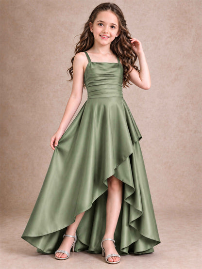 Satin Junior Bridesmaid Dress Spaghetti Strap Criss Cross Back High Low Wedding Gown