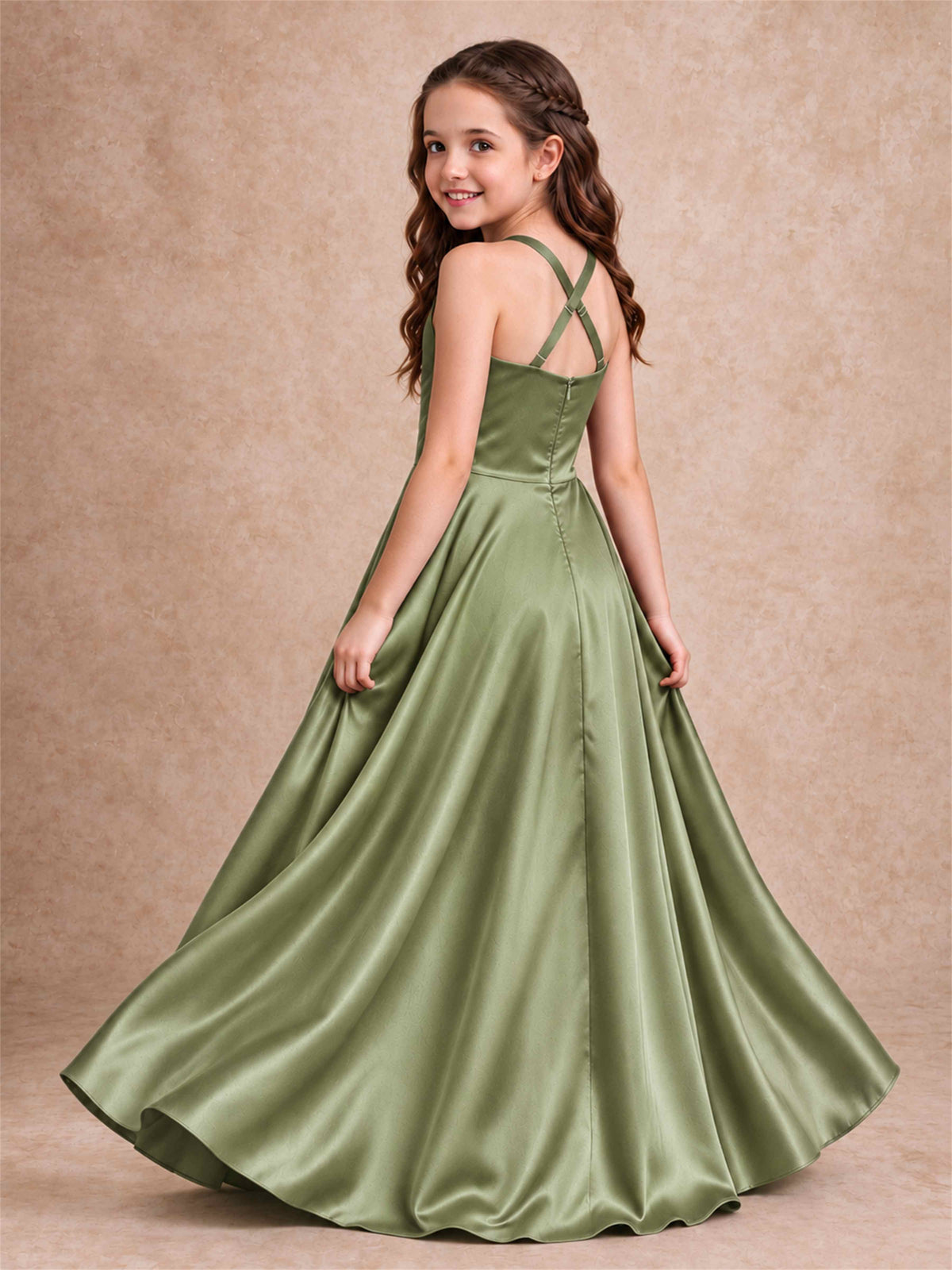 Satin Junior Bridesmaid Dress Spaghetti Strap Criss Cross Back High Low Wedding Gown