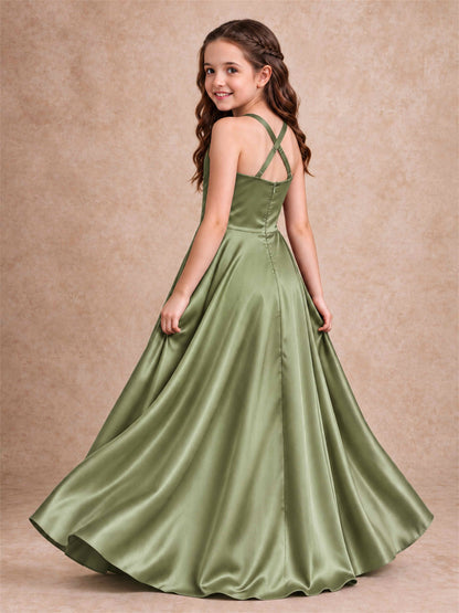 Satin Junior Bridesmaid Dress Spaghetti Strap Criss Cross Back High Low Wedding Gown