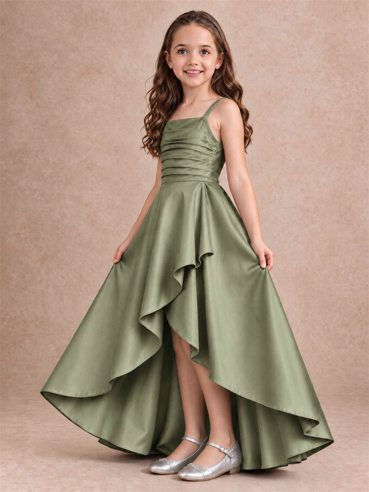 Satin Junior Bridesmaid Dress Spaghetti Strap Criss Cross Back High Low Wedding Gown