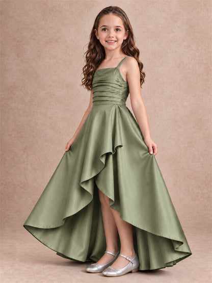 Satin Junior Bridesmaid Dress Spaghetti Strap Criss Cross Back High Low Wedding Gown
