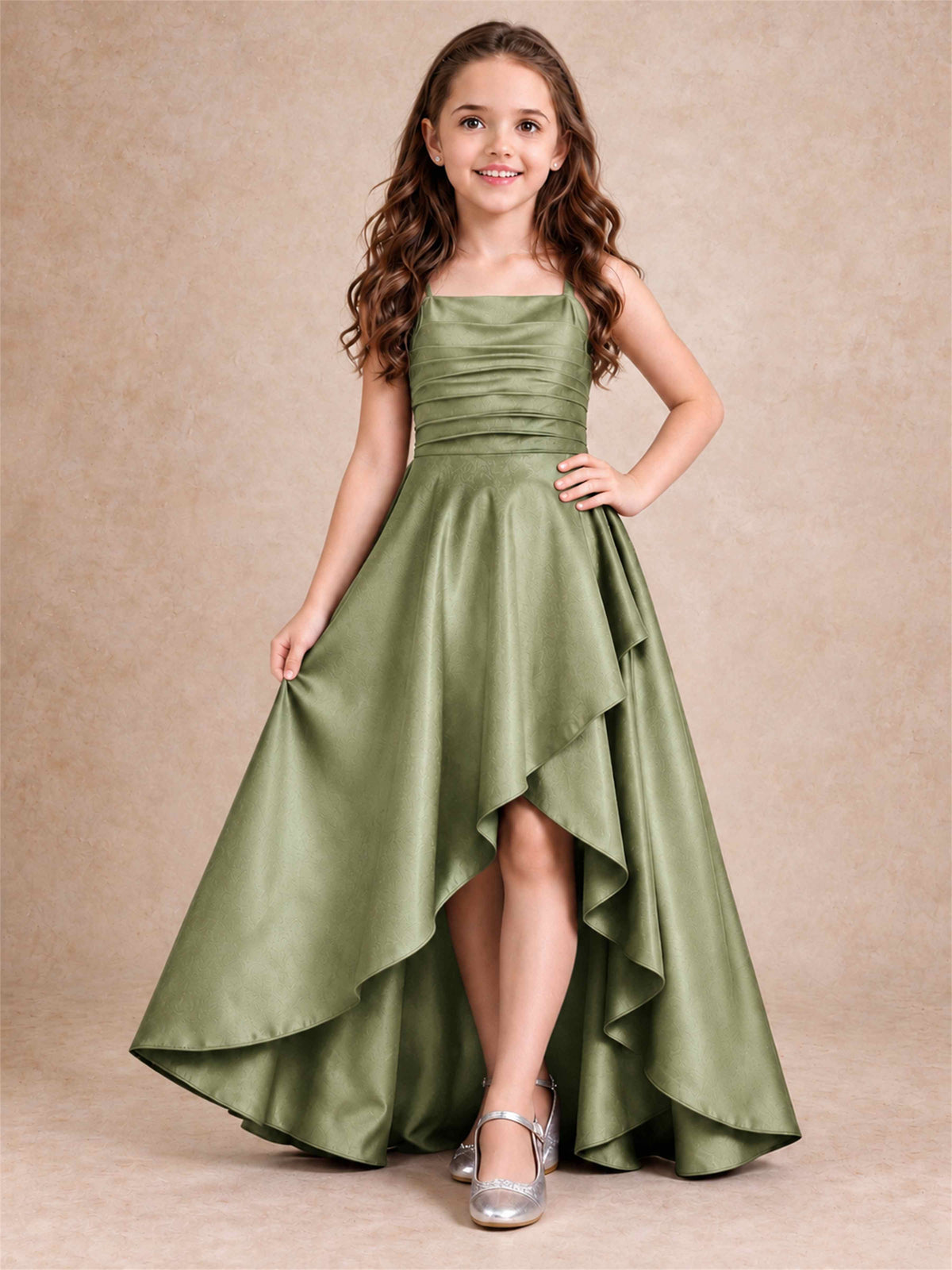 Satin Junior Bridesmaid Dress Spaghetti Strap Criss Cross Back High Low Wedding Gown