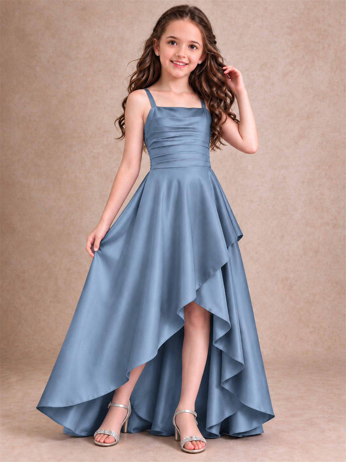 Satin Junior Bridesmaid Dress Spaghetti Strap Criss Cross Back High Low Wedding Gown