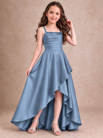 Satin Junior Bridesmaid Dress Spaghetti Strap Criss Cross Back High Low Wedding Gown