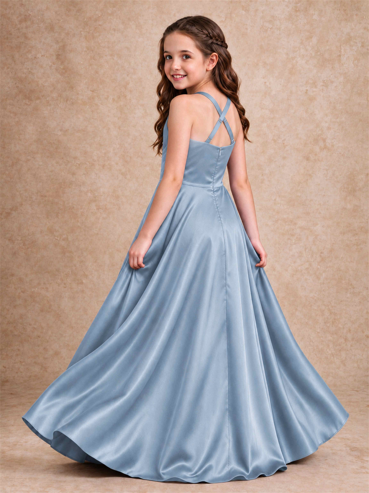 Satin Junior Bridesmaid Dress Spaghetti Strap Criss Cross Back High Low Wedding Gown
