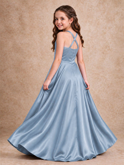 Satin Junior Bridesmaid Dress Spaghetti Strap Criss Cross Back High Low Wedding Gown