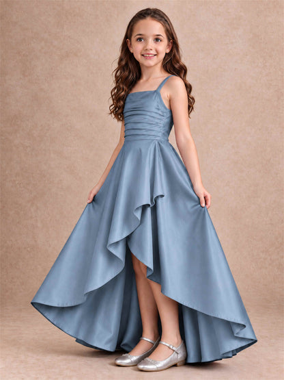 Satin Junior Bridesmaid Dress Spaghetti Strap Criss Cross Back High Low Wedding Gown