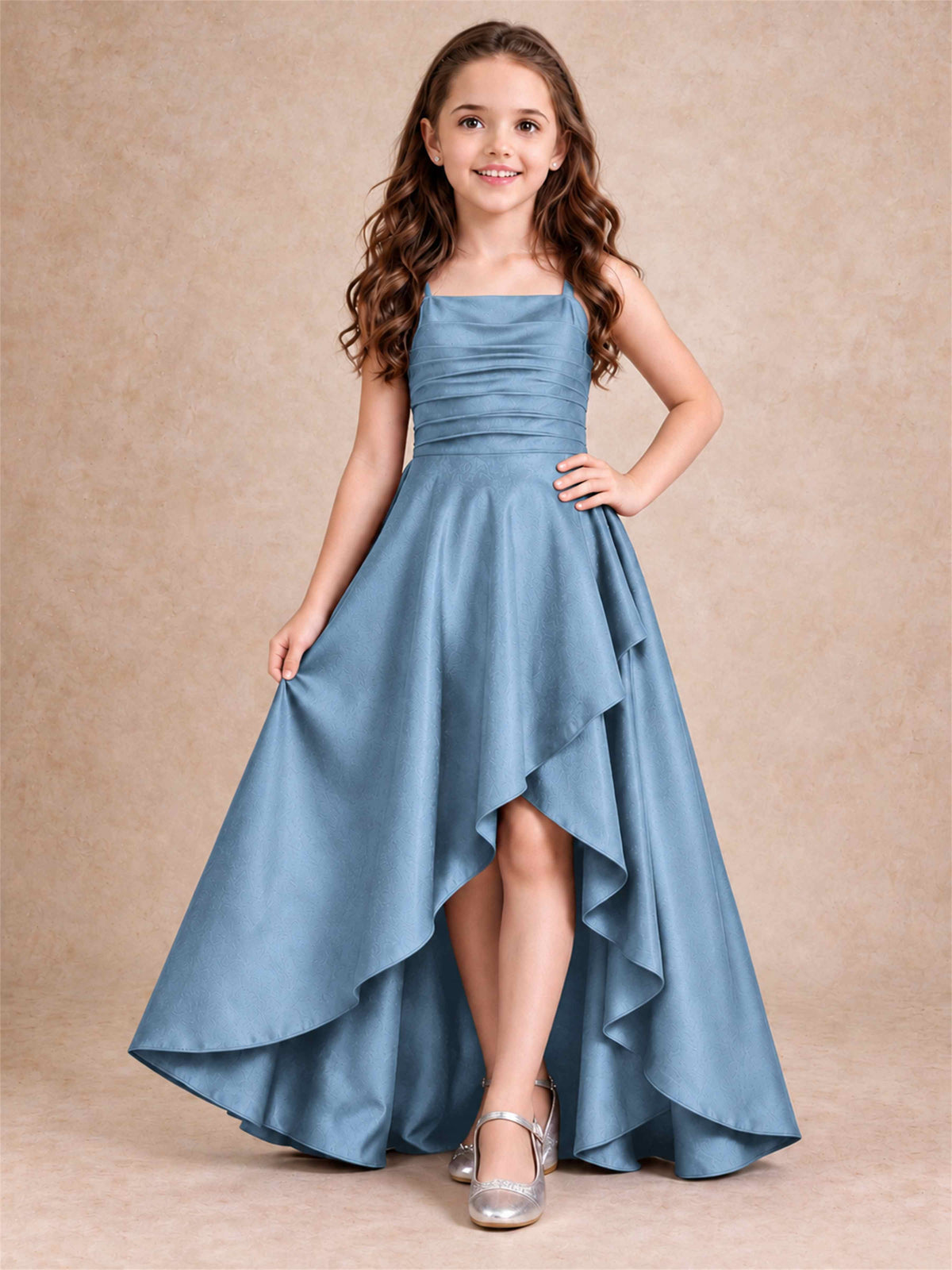 Satin Junior Bridesmaid Dress Spaghetti Strap Criss Cross Back High Low Wedding Gown