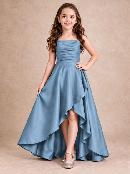 Satin Junior Bridesmaid Dress Spaghetti Strap Criss Cross Back High Low Wedding Gown