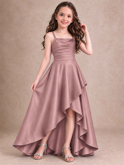 Satin Junior Bridesmaid Dress Spaghetti Strap Criss Cross Back High Low Wedding Gown