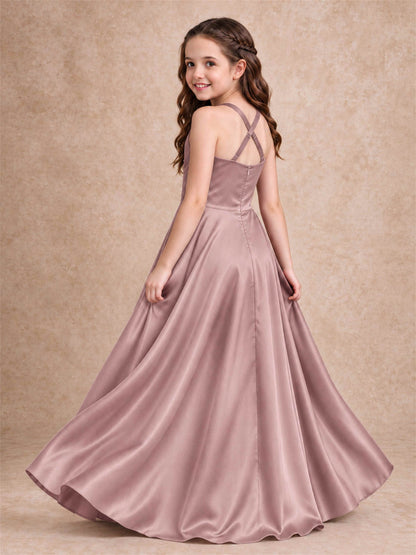 Satin Junior Bridesmaid Dress Spaghetti Strap Criss Cross Back High Low Wedding Gown