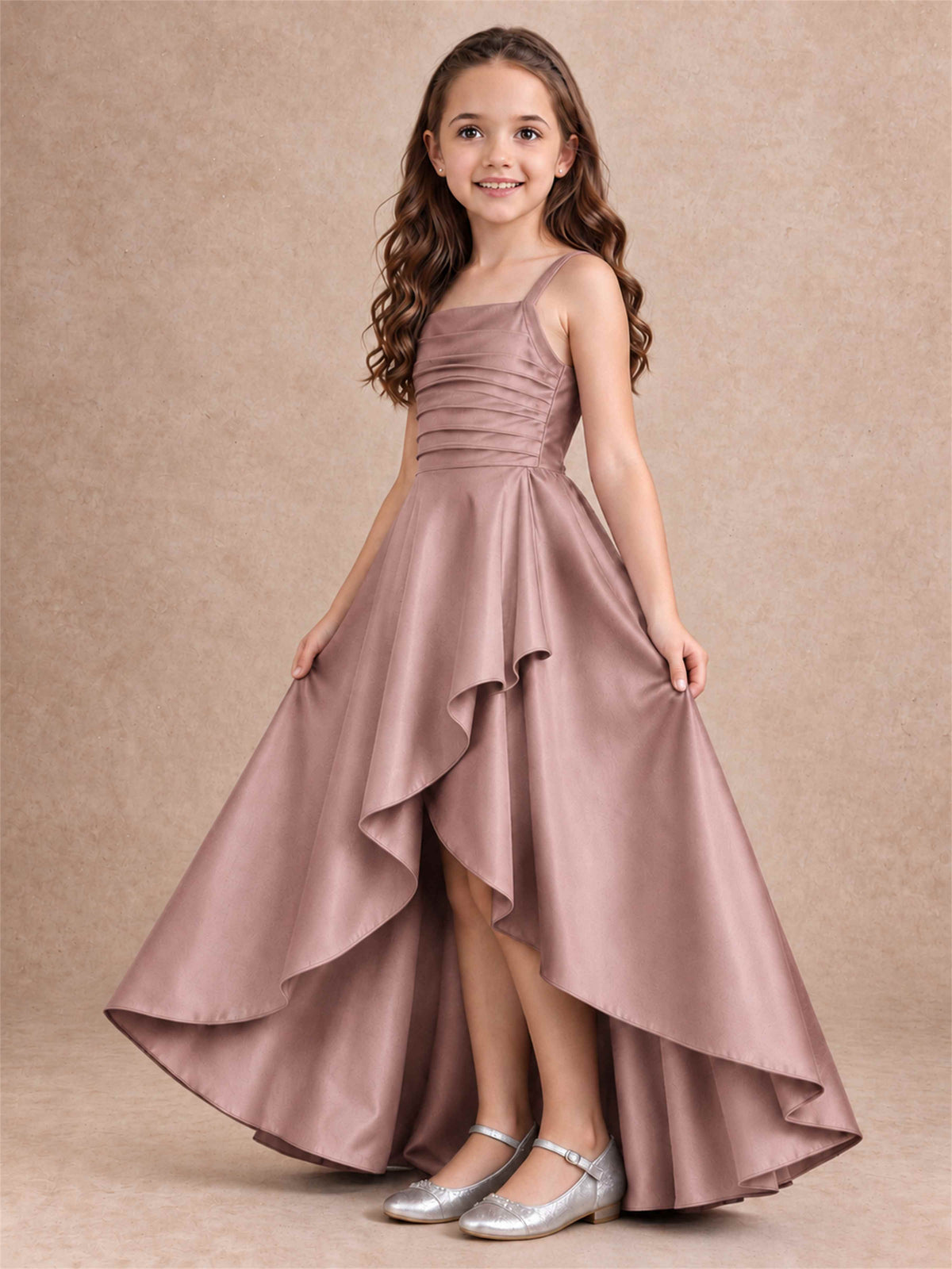 Satin Junior Bridesmaid Dress Spaghetti Strap Criss Cross Back High Low Wedding Gown