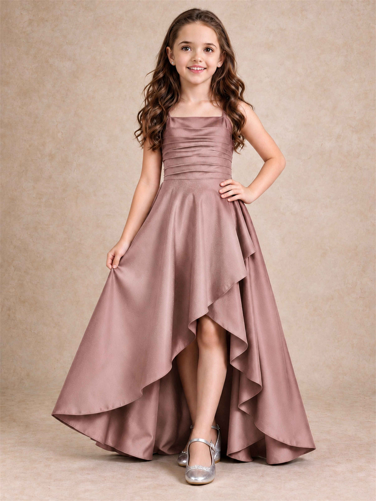 Satin Junior Bridesmaid Dress Spaghetti Strap Criss Cross Back High Low Wedding Gown