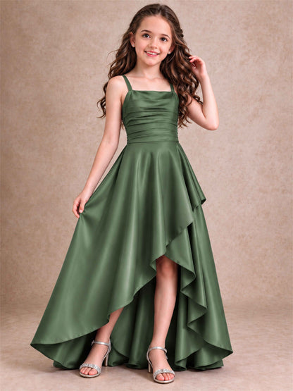Satin Junior Bridesmaid Dress Spaghetti Strap Criss Cross Back High Low Wedding Gown