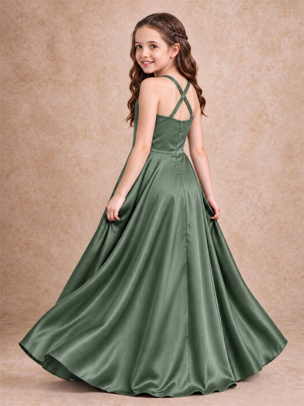 Satin Junior Bridesmaid Dress Spaghetti Strap Criss Cross Back High Low Wedding Gown