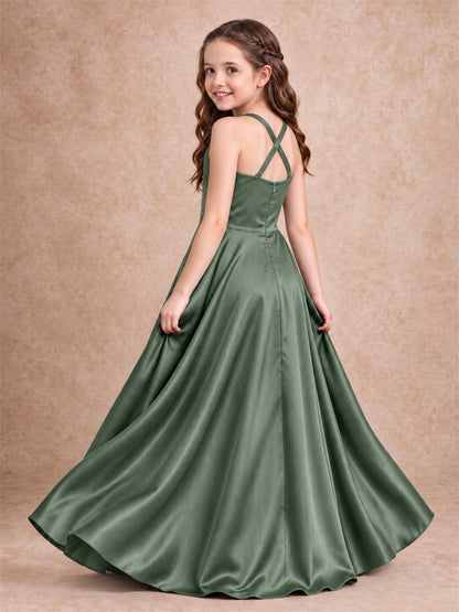Satin Junior Bridesmaid Dress Spaghetti Strap Criss Cross Back High Low Wedding Gown