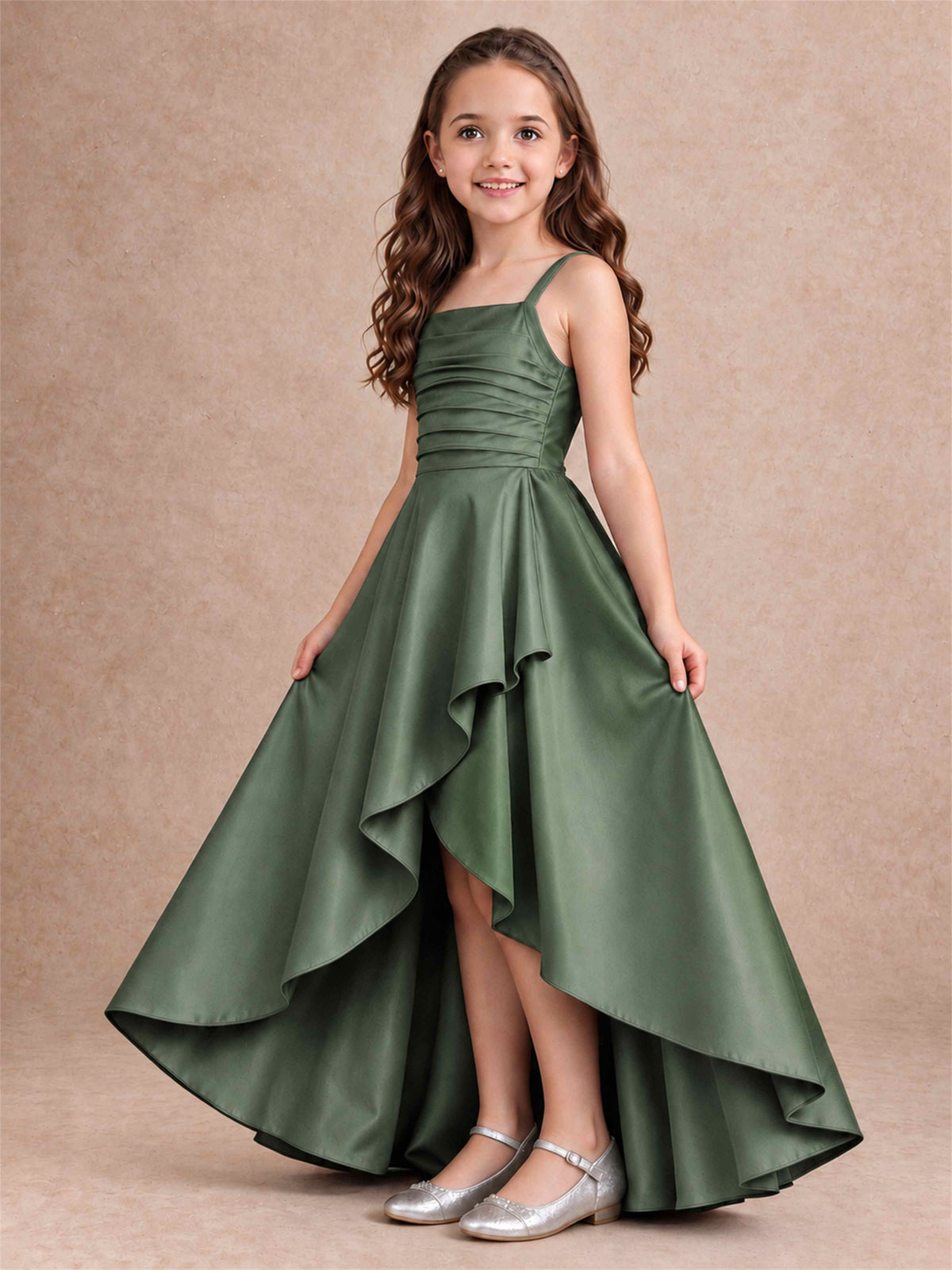Satin Junior Bridesmaid Dress Spaghetti Strap Criss Cross Back High Low Wedding Gown
