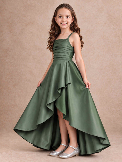 Satin Junior Bridesmaid Dress Spaghetti Strap Criss Cross Back High Low Wedding Gown