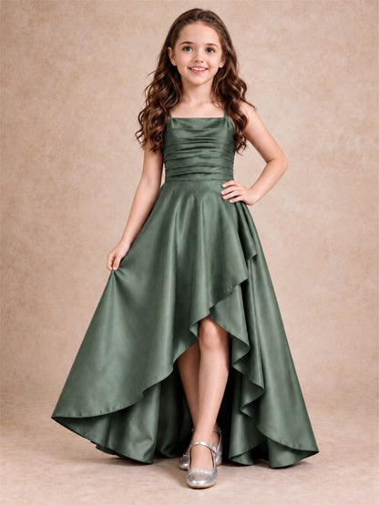 Satin Junior Bridesmaid Dress Spaghetti Strap Criss Cross Back High Low Wedding Gown
