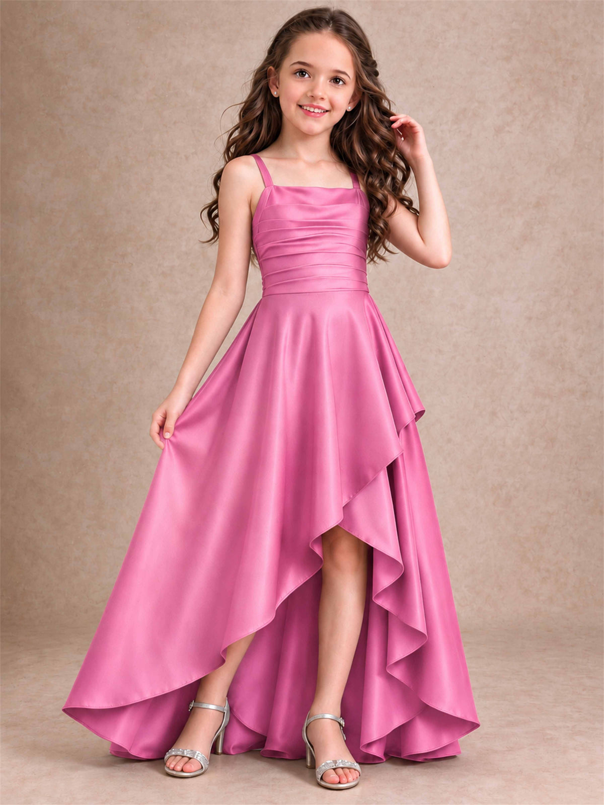 Satin Junior Bridesmaid Dress Spaghetti Strap Criss Cross Back High Low Wedding Gown
