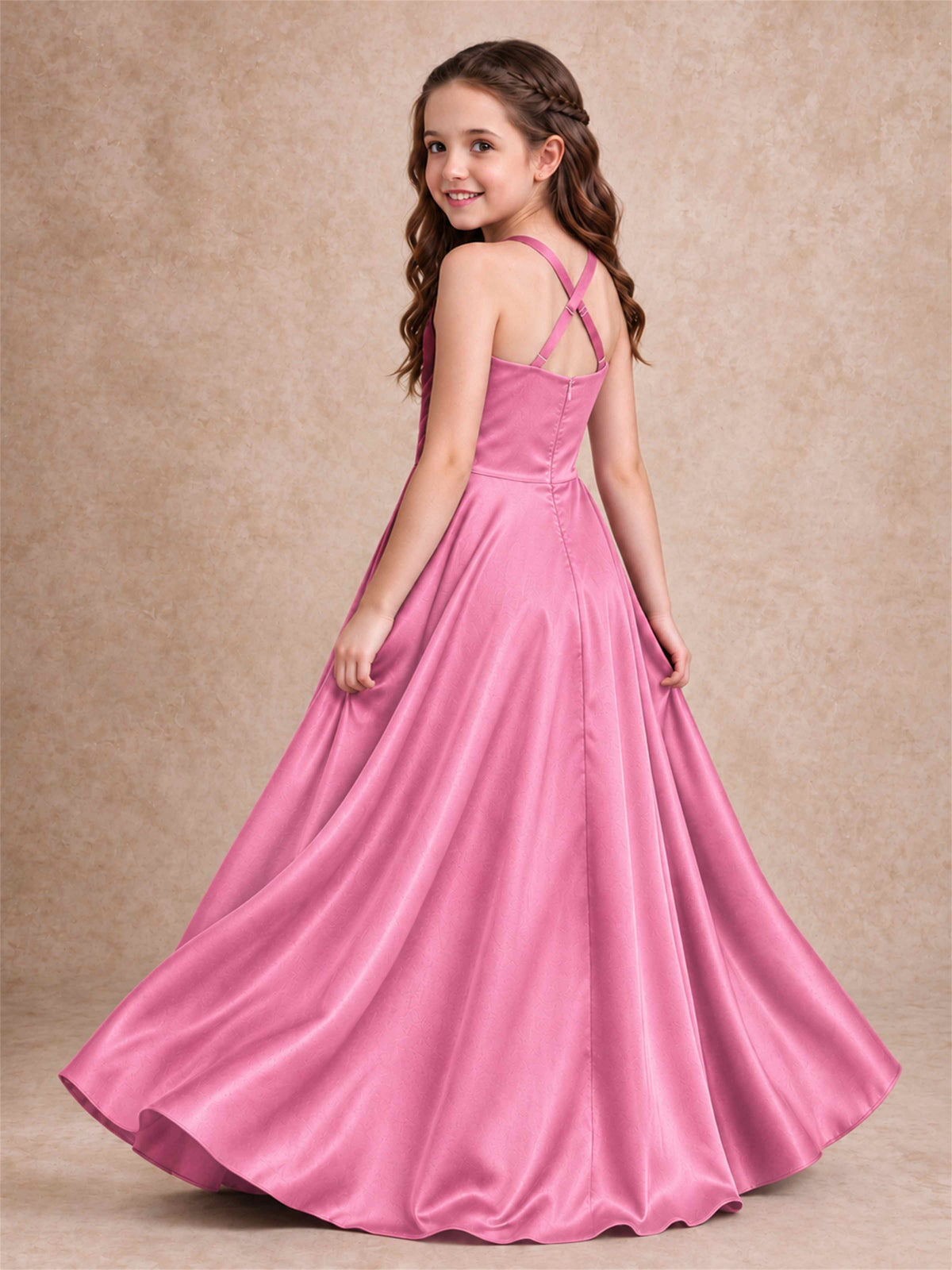 Satin Junior Bridesmaid Dress Spaghetti Strap Criss Cross Back High Low Wedding Gown