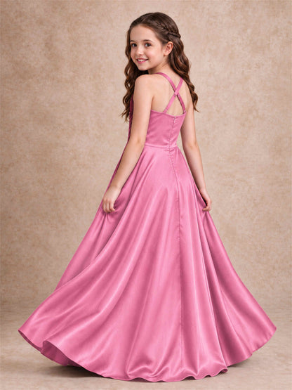 Satin Junior Bridesmaid Dress Spaghetti Strap Criss Cross Back High Low Wedding Gown