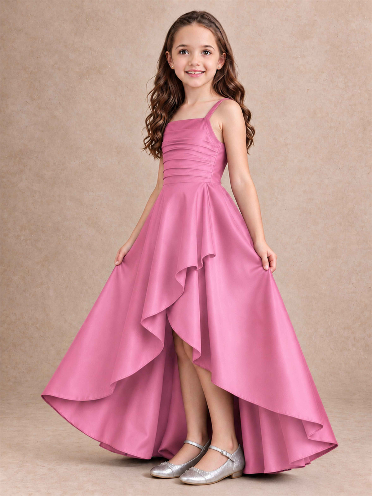 Satin Junior Bridesmaid Dress Spaghetti Strap Criss Cross Back High Low Wedding Gown