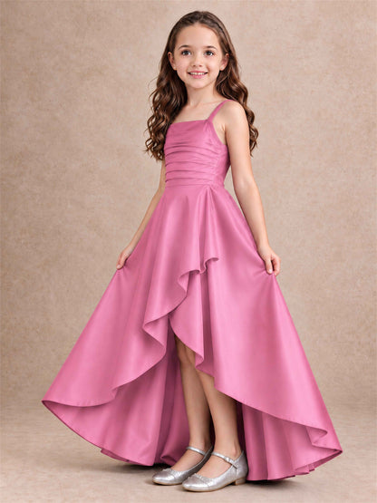 Satin Junior Bridesmaid Dress Spaghetti Strap Criss Cross Back High Low Wedding Gown