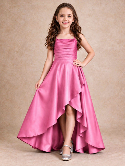 Satin Junior Bridesmaid Dress Spaghetti Strap Criss Cross Back High Low Wedding Gown